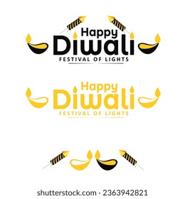 Set of Happy Diwali Text Design with Fireworks and oil lamp on white background. Vector Illustration.