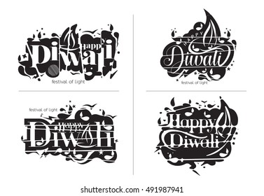 Set of Happy Diwali Text design. Abstract vector illustration.