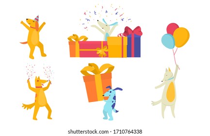 Set of happy dogs celebrating holiday and having party vector illustration