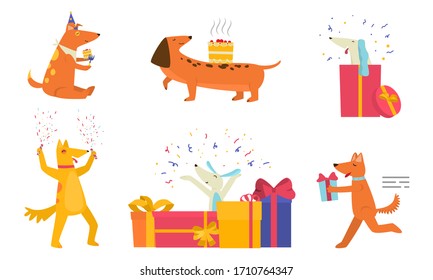 Set of happy dogs celebrating holiday vector illustration