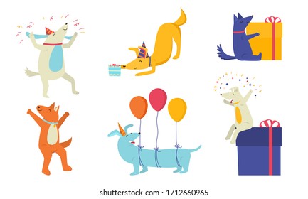 Set of happy dogs celebrating holiday and holding present boxes vector illustration