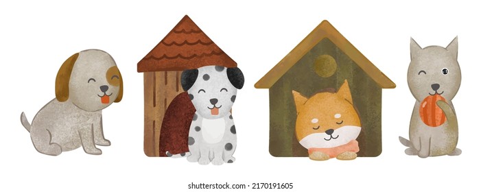 Juego de perros felices con acuarela de doghouse realista para el diseño de postales, ilustración vectorial