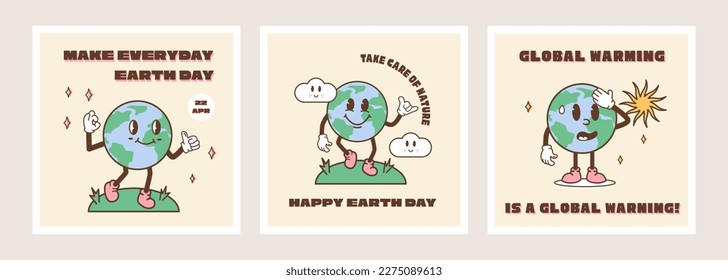 Set for Happy Earth Day Card. Vintage nostalgia cartoon earth planet character mascot with environment friendly slogan. Recycle concept social media post or square banner. Retro vector illustration