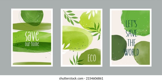 Juego de afiches felices del día de la tierra y hojas salvando el planeta. el día del medio ambiente terrestre sobre el campo de la naturaleza el concepto de conservación forestal arte o abstracto. diseño vectorial.