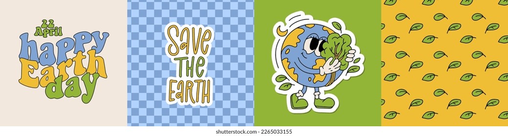 Set of happy earth day posters in trendy retro cartoon style, groovy 70s banner collection with lettreing, text, planet mascot. Vector contour hand drawn illustration