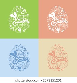 Set of Happy Easter 2025 vector illustration featuring bunny hand-drawn lettering, eggs, and floral elements in a decorative egg shape. Best set for Easter greeting, t-shirt and media printing