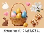 A Set of Happy Easter 3D Vector Props: Easter Eggs, Basket, Chocolate Bunny, Lily Flowers, Heart, Cross Bread, White Bunny Ball