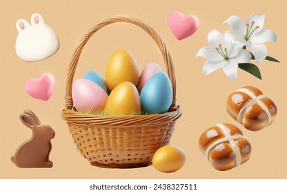 A Set of Happy Easter 3D Vector Props: Easter Eggs, Basket, Chocolate Bunny, Lily Flowers, Heart, Cross Bread, White Bunny Ball