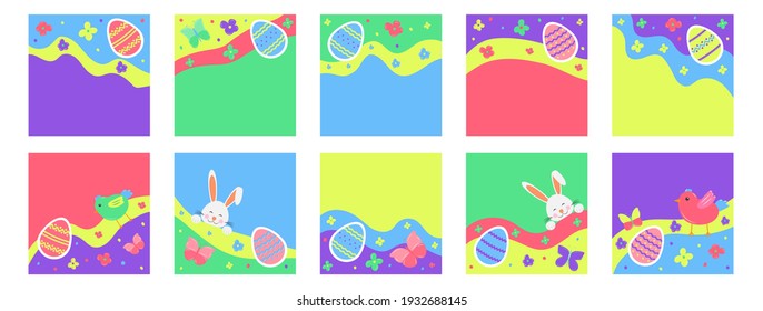 Set of Happy Easter abstract backgrounds for highlight covers. Hand drawn templates. Doodle shapes in contemporary style. For social media, for bloggers and influencers. Vector illustration.