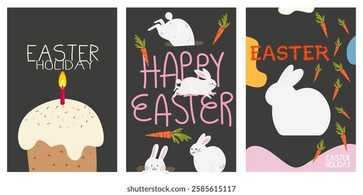 Set of Happy Easter abstract poster in retro cartoon style. Spring holiday. Easter cake, colorful eggs, easter white bunny, carrots. Trendy editable vector template for poster, banner, wall decor 