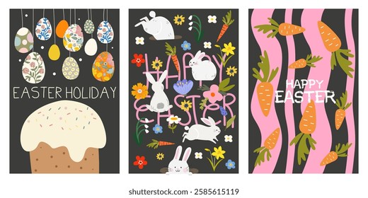 Set of Happy Easter abstract poster in retro cartoon style. Spring holiday. Easter cake, colorful eggs, easter white bunny, carrots. Trendy editable vector template for poster, banner, wall decor 