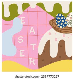 Set of Happy Easter abstract poster in modern cartoon style. Spring holiday. Easter cake, colorful eggs. Attributes of the Easter holiday. Trendy editable vector template for banner, wall decor