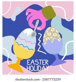 Set of Happy Easter abstract poster in modern cartoon style. Spring holiday. Easter cake, colorful eggs. Attributes of the Easter holiday. Trendy editable vector template for banner, wall decor