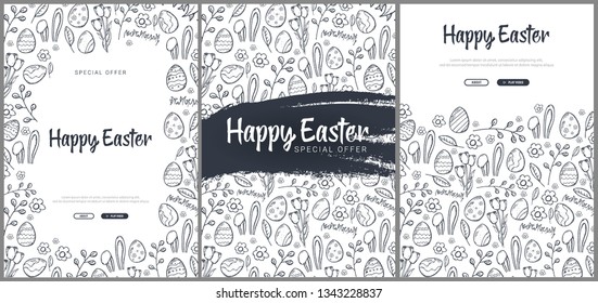 Set of Happy Easter backgrounds with traditional sketches decorations. Easter greeting with colored eggs, rabbit.