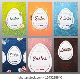 Set of Happy Easter backgrounds with traditional sketches decorations. Easter greeting with colored eggs, rabbit.