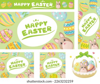 Set of Happy Easter banner with cute bunny and eggs. Vector illustration.