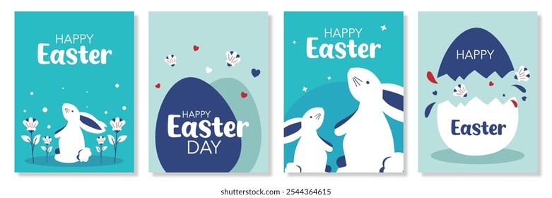 Set of Happy Easter banner. Trendy Easter design with typography, eggs, bunny ears, flowers in pastel and turquoise colors background. Modern minimal style for poster, greeting card, social media