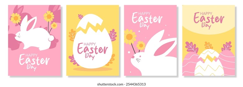 Set of Happy Easter banner. Trendy Easter design with typography, hand painted strokes and dots, eggs, bunny ears, in pink and yellow colors. Modern minimal style for poster, greeting card, post