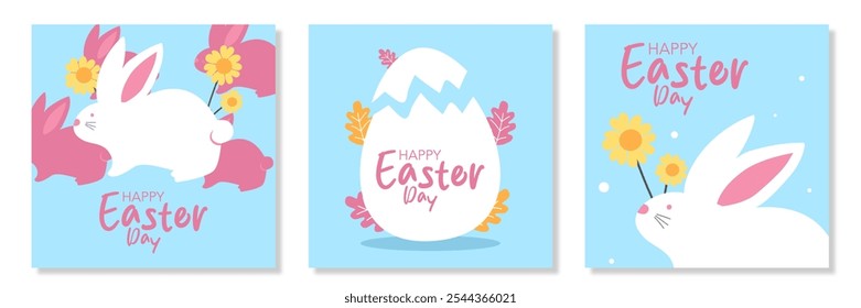 Set of Happy Easter banner. Trendy Easter design with typography, hand painted strokes and dots, eggs, bunny ears, blue colors background. Modern minimal style for poster, greeting card, social media