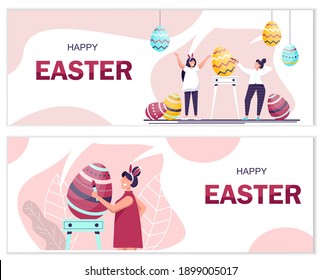 Set of Happy Easter banner vector illustration. People celebrate Easter and paint eggs.