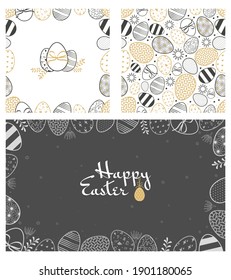 Juego de banner Happy Easter para web, descuentos, ofertas, postales. Marco de huevos con motivos dibujados con líneas de tiza blanca en una pizarra oscura. Decoración de primavera. Vector plano