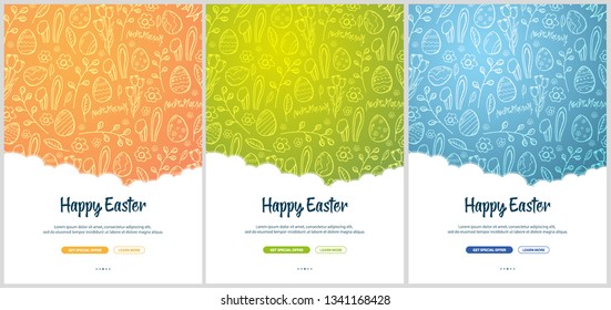 Set of Happy Easter banners. Easter Eggs. Doodle hand draw background. Vector illustration