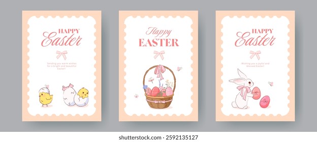 Set of Happy Easter banners, greeting card templates. Hand drawn posters with cute illustrations of easter chicks, bunny, eggs, wicker basket and trendy typography. Holiday design, postcard collection