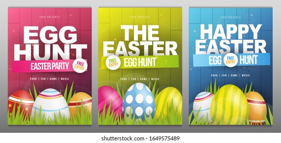 Set of Happy Easter banners. Party Flyers Illustration with painted eggs, green grass and typography elements on nature wooden background. Spring holiday celebration poster design template