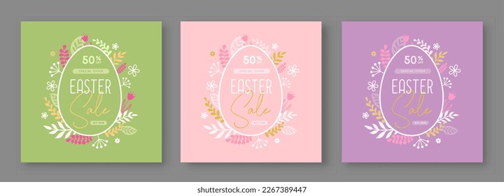 Juego de tarjetas Happy Easter con huevos de Pascua y elementos decorativos florales. Estilo plano. Conjunto de cubiertas modernas de Pascua. Ilustración del vector