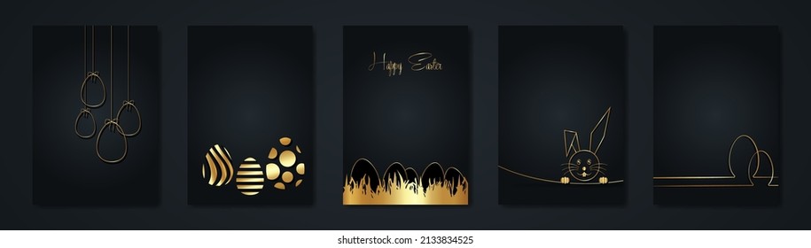 Set Happy Easter black cards, gold luxury style, golden Rabbit and Eggs, fashion design collection, outline drawing Easter Bunny greeting card, vector illustration background