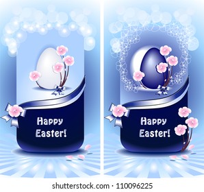 Set Happy Easter in blue color with flowers ribbons and bows