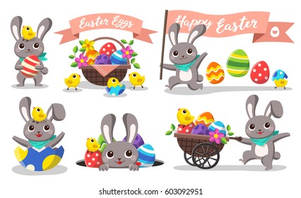 Set of Happy Easter. Easter Bunny with eggs and little chick.