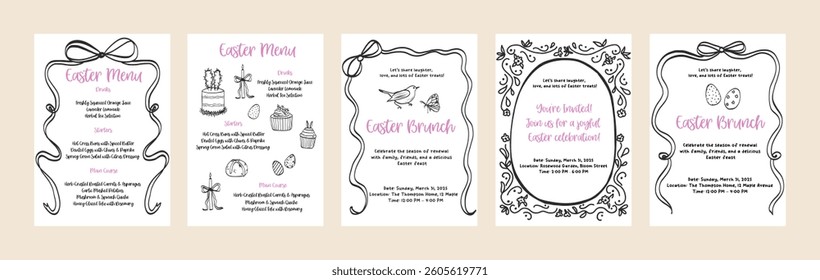 Set of happy Easter card background in hand drawn line art. Spring design doodle outline graphic. Coquette whimsical greeting cards. Vector outline illustration