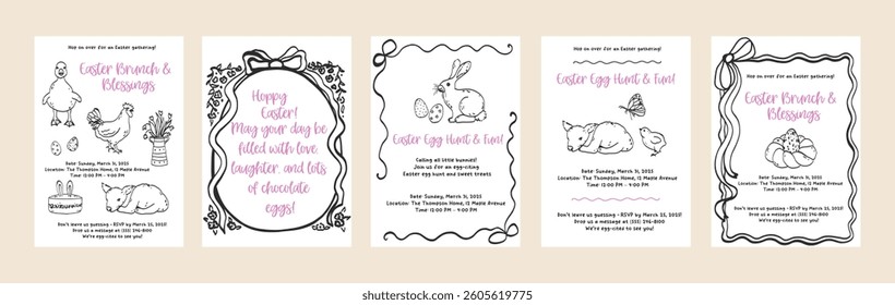 Set of happy Easter card background in hand drawn line art. Spring design doodle outline graphic. Coquette whimsical greeting cards. Vector outline illustration