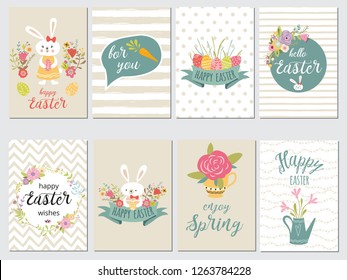Set of Happy Easter card templates with eggs, flowers, floral frames wreaths ribbon rabbit and typographic design. Good for spring Easter greeting banners invitations backgrounds pastel colors.