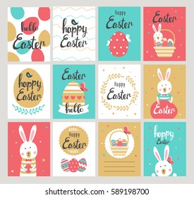 Set of Happy Easter cards with Easter bunny. Vector illustration