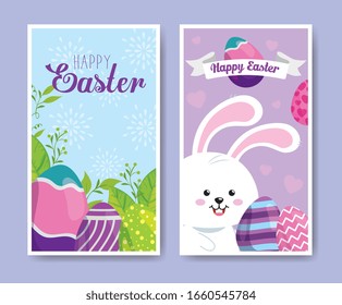 set of happy easter cards with cute decoration vector illustration design