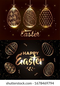 set of happy easter cards golden with decoration vector illustration design