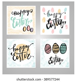 Set of Happy Easter cards. Happy Easter Lettering Egg. Abstract Hand drawn ink calligraphy. Vector illustration.Happy easter cards illustration with easter eggs, easter bunny, easter rabbit and font.