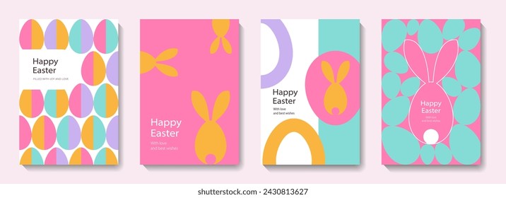 Set of Happy Easter cards in modern minimalistic style with geometric shapes, eggs. Trendy editable vector template for greeting card, poster, banner, invitation, social media post.	