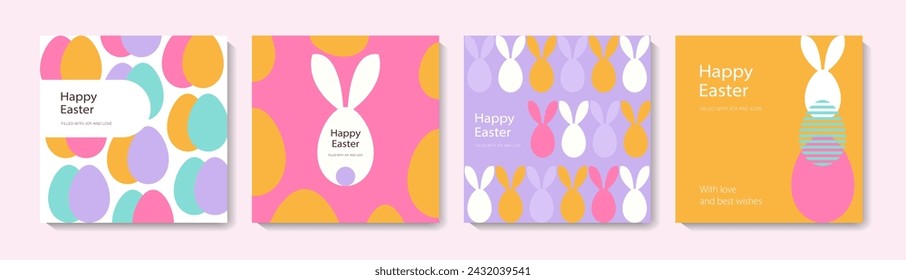 Set of Happy Easter cards in modern minimalistic style with geometric shapes, eggs. Trendy editable vector template for greeting card, poster, banner, invitation, social media post.	