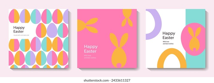 Set of Happy Easter cards in modern minimalistic style with geometric shapes, eggs. Trendy editable vector template for greeting card, poster, banner, invitation, social media post.	