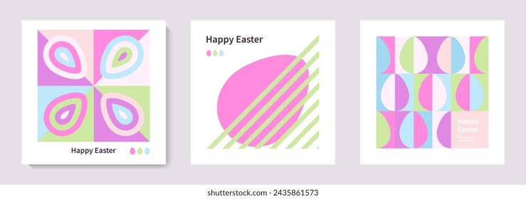 Set of Happy Easter cards in modern minimalistic style with geometric shapes, eggs. Trendy editable vector template for greeting card, poster, banner, invitation, social media post.	