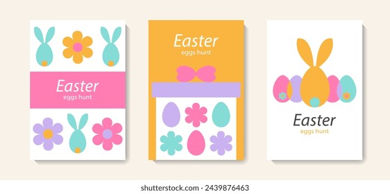 Set of Happy Easter cards in modern minimalistic style with geometric shapes, eggs. Trendy editable vector template for greeting card, poster, banner, invitation, social media post.	