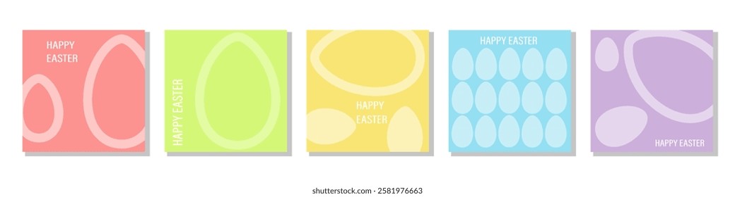 Set of Happy Easter cards in modern minimalistic style with geometric shapes, eggs. Abstract template for poster, branding, advertising, postcard, prints, banner.