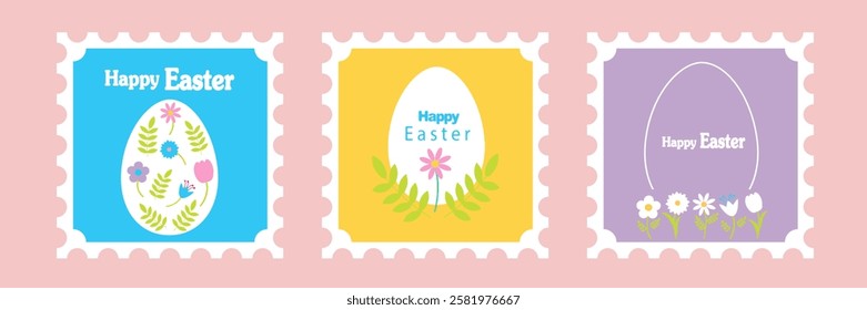 Set of Happy Easter cards in modern minimalistic style with geometric shapes, eggs. Abstract template for poster, branding, advertising, postcard, prints, banner.