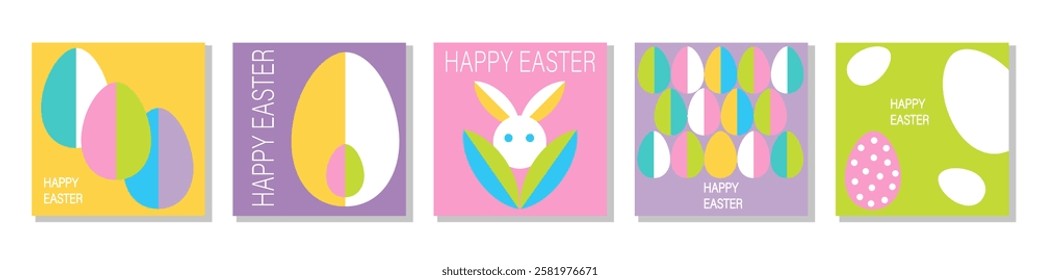 Set of Happy Easter cards in modern minimalistic style with geometric shapes, eggs. Abstract template for poster, branding, advertising, postcard, prints, banner.