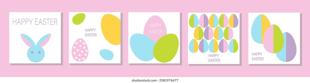 Set of Happy Easter cards in modern minimalistic style with geometric shapes, eggs. Abstract template for poster, branding, advertising, postcard, prints, banner.