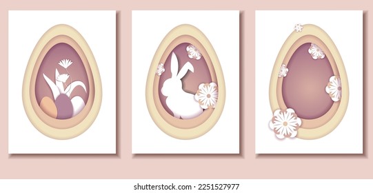 set of happy Easter cards pastel pink papercut style vector illustration