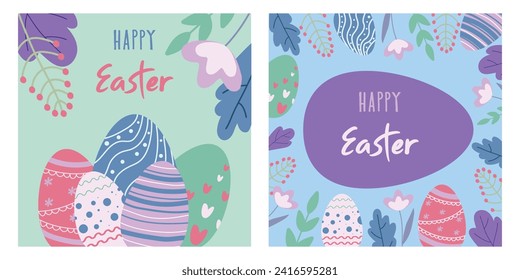 Set of Happy Easter cards. Postcards with Easter eggs and flowers. Vector.